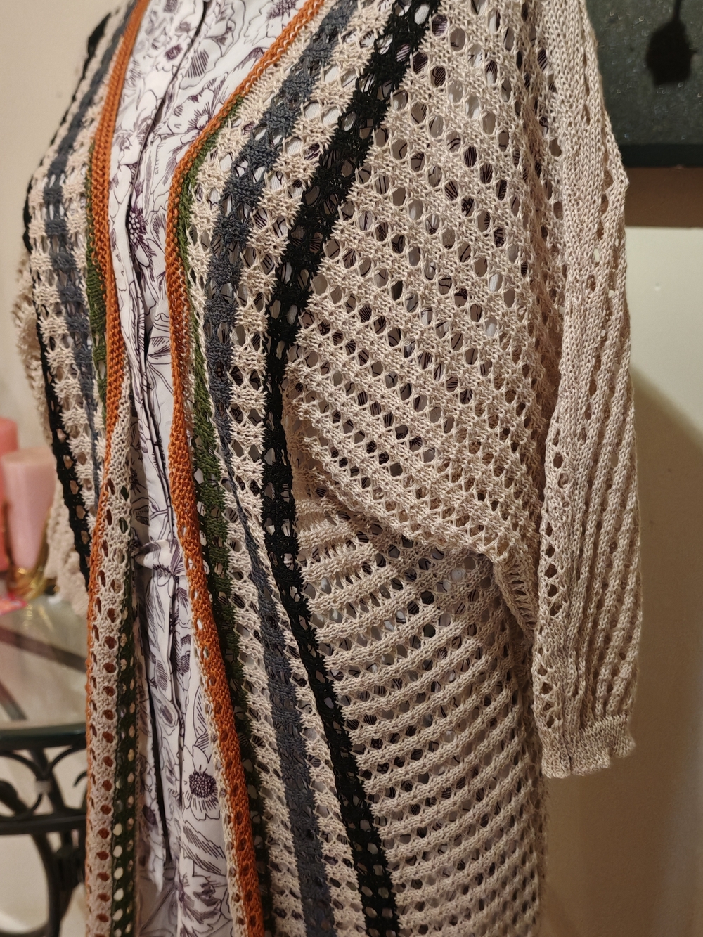Crochet Duster Cardigan with Striped Accents - Picture 7 of 11